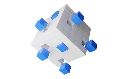 Blue cubes floating out of box of cubes isolated on white background, busines 스톡 일러스트