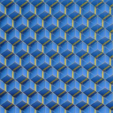 Blue cubes geometric pattern with yellow lines and gold wire. 3d rendering Stock Illustration