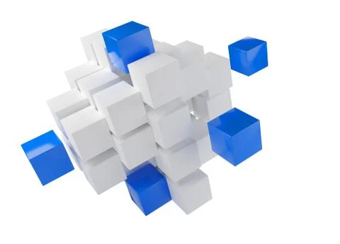 Blue cubes from heap of white cubes over white background - software module,  Stock Illustration