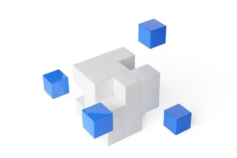 Blue cubes offset from box of white cubes isolated on white background, busin 스톡 일러스트