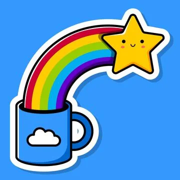 Blue cup with the image of a cloud. Star and rainbow. Flat sticker. Vector Stock Illustration