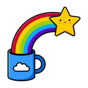 Blue cup with the image of a cloud. Star and rainbow. Vector illustration. Stock Illustration