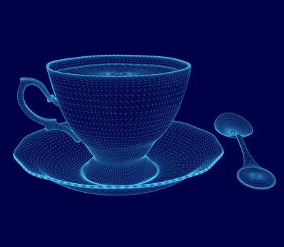 Blue cup with a spoon on top of it. The cup is a 3D model and the spoon is a 3D Stock Illustration