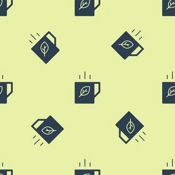 Blue Cup of tea and leaf icon isolated seamless pattern on yellow background Illustrazione stock