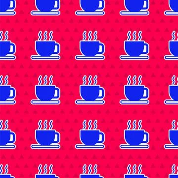 Blue Cup of tea icon isolated seamless pattern on red background. Vector Illustrazione stock