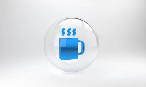 Blue Cup of tea icon isolated on grey background. Glass circle button. 3D ren Stock Illustration