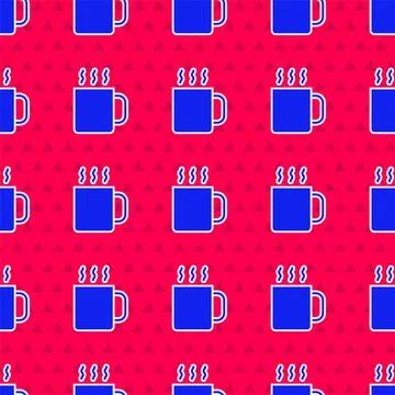 Blue Cup of tea icon isolated seamless pattern on red background. Vector Stock Illustration