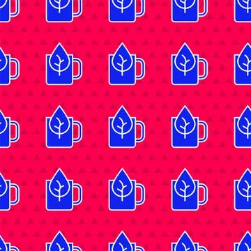 Blue Cup of tea with leaf icon isolated seamless pattern on red background. S Stock Illustration