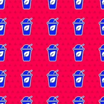 Blue Cup of tea with leaf icon isolated seamless pattern on red background. S Stock Illustration