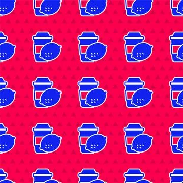 Blue Cup of tea with lemon icon isolated seamless pattern on red background 스톡 일러스트