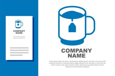 Blue Cup of tea with tea bag icon isolated on white background. Logo design.. Stock Illustration