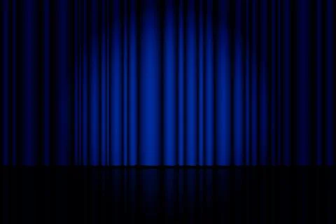 Blue curtain background. Spotlight on stage curtain. Theatrical drapes. Wav.. Stock Illustration