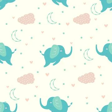 Blue cute elephant seamless pattern with clouds, stars and moon in soft paste Stock Illustration