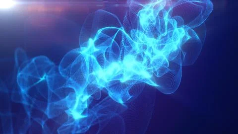Blue cyan glowing mesh wave with transparent flowing light strands and futu.. Stock Illustration
