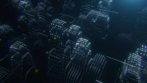Blue Cyber City Grid Data Matrix - Digital Smart City Skyline Network Video 動画素材 338200380