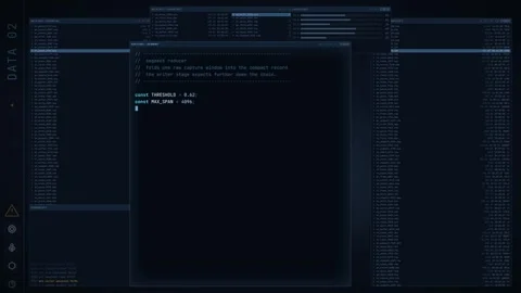 Blue cyber developer terminal HUD UI with animated code and data graphs Stockbeeldmateriaal 347365690