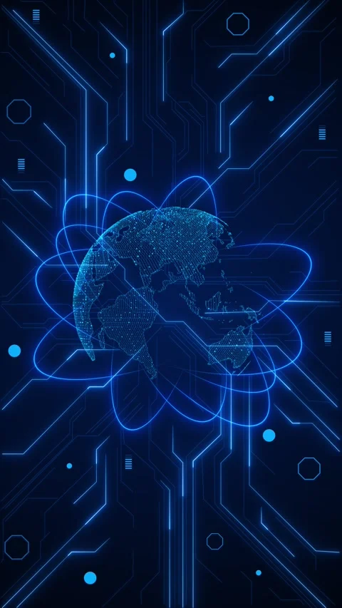 Blue cyber globe circuit background futuristic lines, glowing orbit paths, digit Stock Footage 340477697