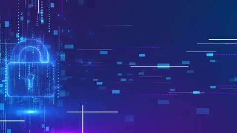 Blue cyber lock background glowing padlock falling code streams, digital blocks, Stock Footage 340470009