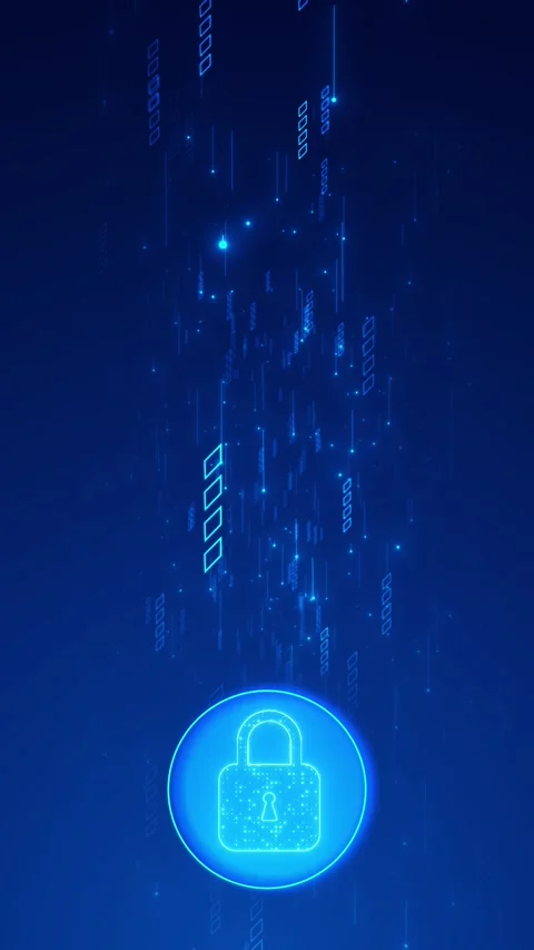 Blue cyber lock security glowing padlock icon, digital data trails, floating par Stock Footage 340527867