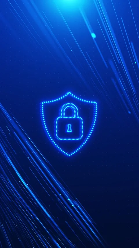 Blue cyber lock shield glowing dotted protection icon, fast data streaks, digita Stock Footage 340572922
