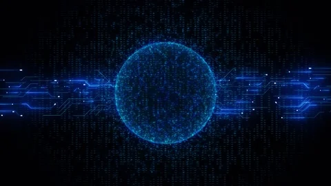 Blue cyber network sphere visual central digital globe, circuit paths, and float Stock Footage 340556476