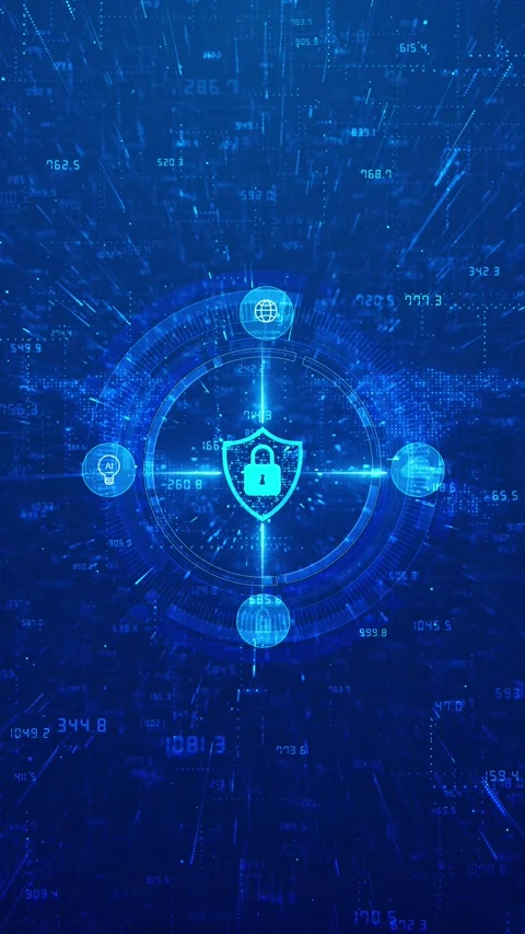 Blue cyber security HUD background glowing shield lock, circular interface icons Stock Footage 340526353
