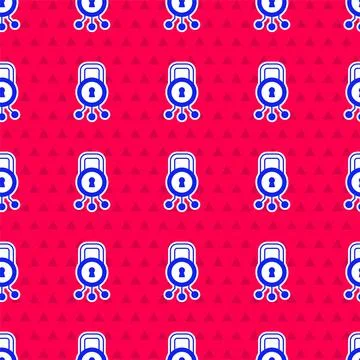 Blue Cyber security icon isolated seamless pattern on red background. Closed  Stock Illustration