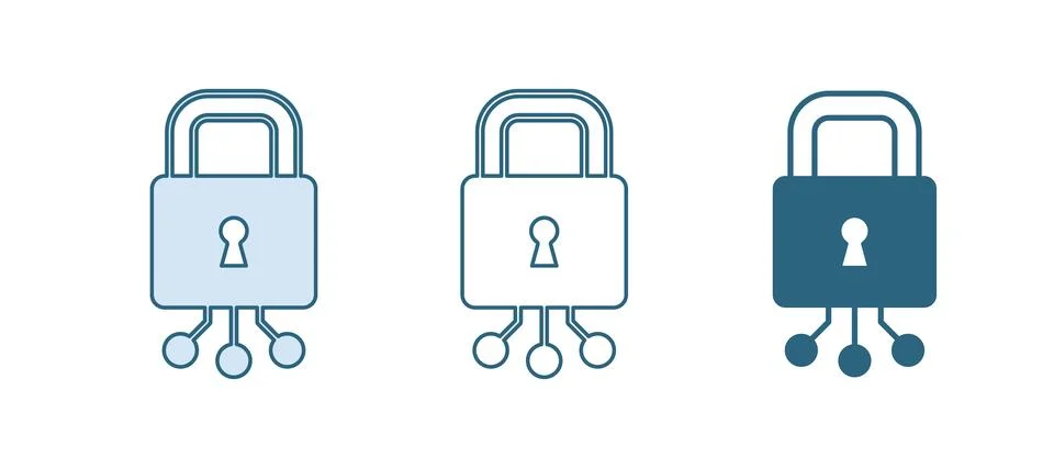 Blue Cyber security icon isolated on white background. Closed padlock on di.. Illustrazione stock