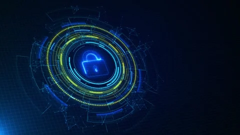Blue cyber security lock glowing HUD rings, digital grid, network nodes, secure Stock Footage 334127887
