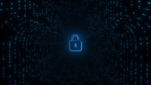 Blue cyber security lock glowing padlock icon, dotted tunnel, digital particles, Stock Footage 340570116