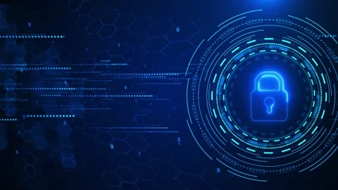 Blue cyber security lock interface glowing padlock, circular HUD rings, hexagon Stock Footage 340452552