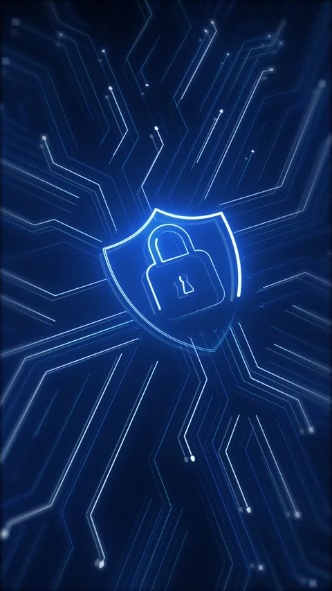 Blue cyber security lock shield glowing circuit lines, secure padlock icon, and Stock Footage 340564992