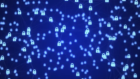 Blue Cyber Security Padlock Plexus Network with Connected Data Nodes Stock Footage 333498422
