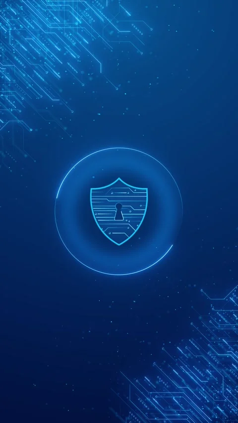 Blue cyber security shield background glowing circuit lines, central lock icon, Stock Footage 340525231