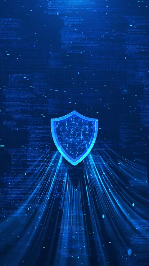 Blue cyber security shield backgrounds glowing protection icon, code layers, gri Stock Footage 340571794