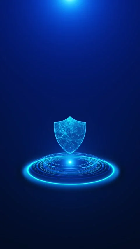 Blue cyber security shield glowing hologram icon, circular platform, network mes Stock Footage 340565908