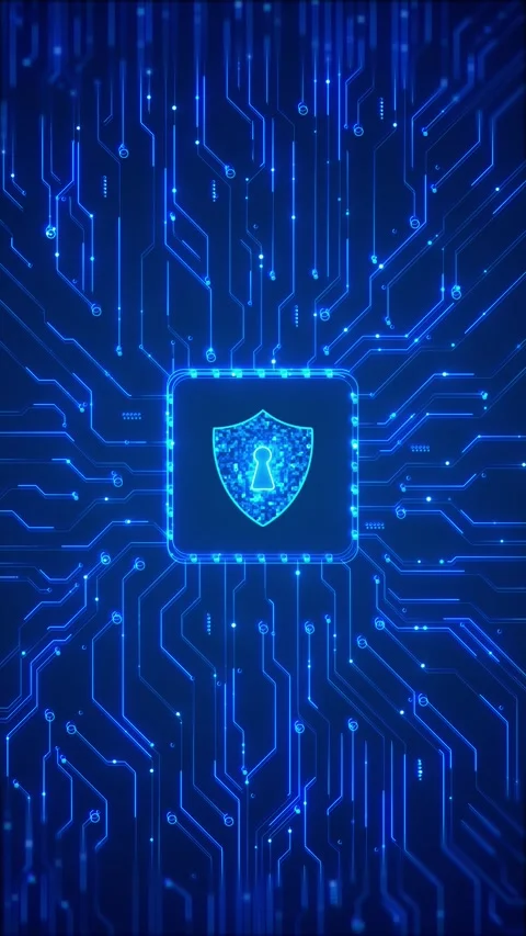 Blue cyber shield circuit background glowing square processor, lock icon, electr Stock Footage 340526556