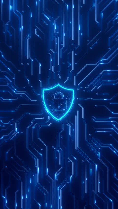 Blue cyber shield lock circuit background glowing protection icon, electronic ne Stock Footage 340525431
