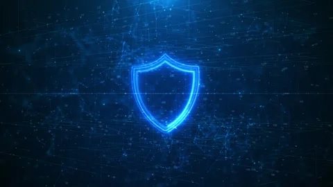 Blue cyber shield security background glowing icon, network nodes, numbers, Stock Footage 334129222