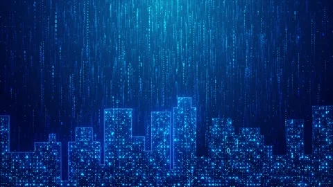 Blue cyber skyline data animation vertical code particles, glowing building silh Stock Footage 340548305