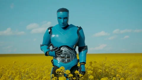 Blue cybernetic robot interacting with nature scanning rural crops field with Stock Footage 133293715
