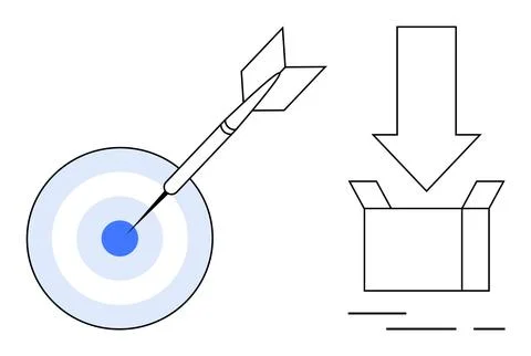 Blue Dart Hitting Target Next to Box and Downward Arrow in Minimalist Design Stock Illustration