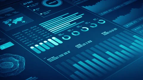 Blue data analytics interface showcasing various charts, graphs, Video stock 294284174