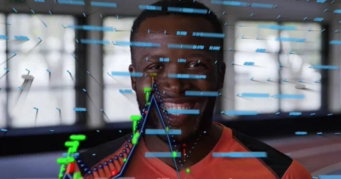 Blue data bars appearing, nodes rising into 3D peaks, man standing smiling, Stock Footage 331756511