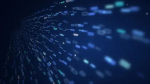 Blue data blocks streaming through space with depth of field blur on a dark Vídeo Stock 344644182