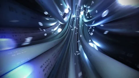 Blue data cable tunnel reverse fly-through with receding binary code Video stock 72388959