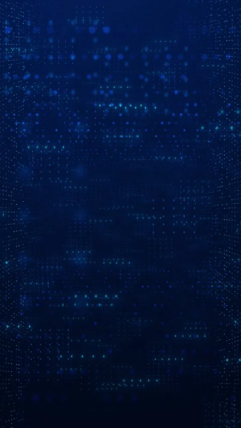 Blue data cube particle background with glowing dotted walls, dark center depth, Stock Footage 340549813