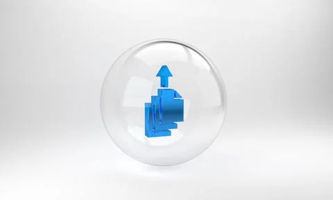 Blue Data export icon isolated on grey background. Glass circle button. 3D re Stock Illustration