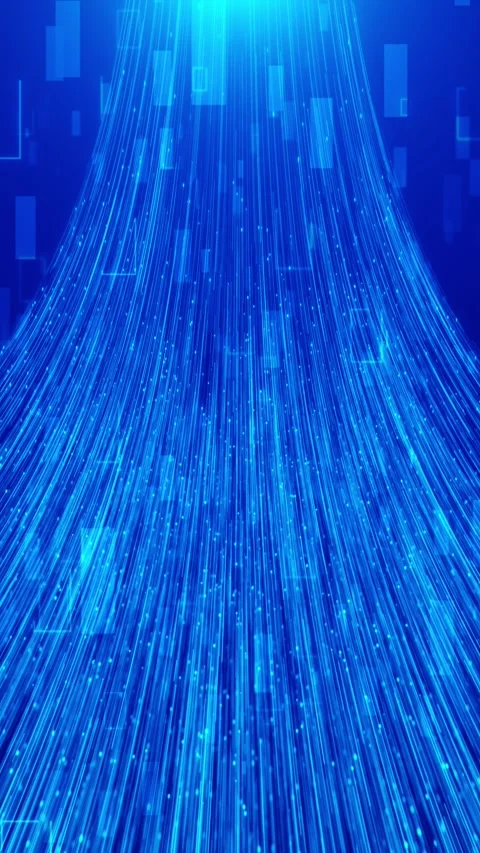 Blue data fiber light background bright beams falling from above, glowing partic Stock Footage 340576342