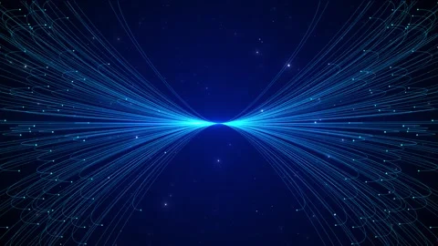 Blue data fiber light convergence background with curved lines, glowing dots Stock Footage 334125773